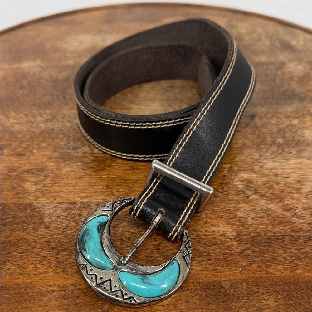 Liz Claiborne Belt Wm Black Leather Turquoise Silver Metal Vintage Boho Western